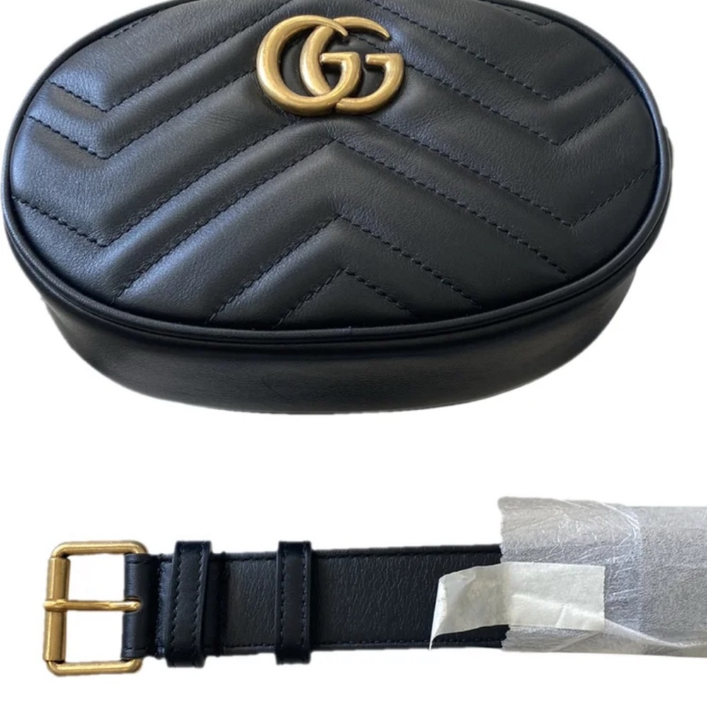 New in Box Gucci Marmont Black Leather Belt Bag with Gold Logo